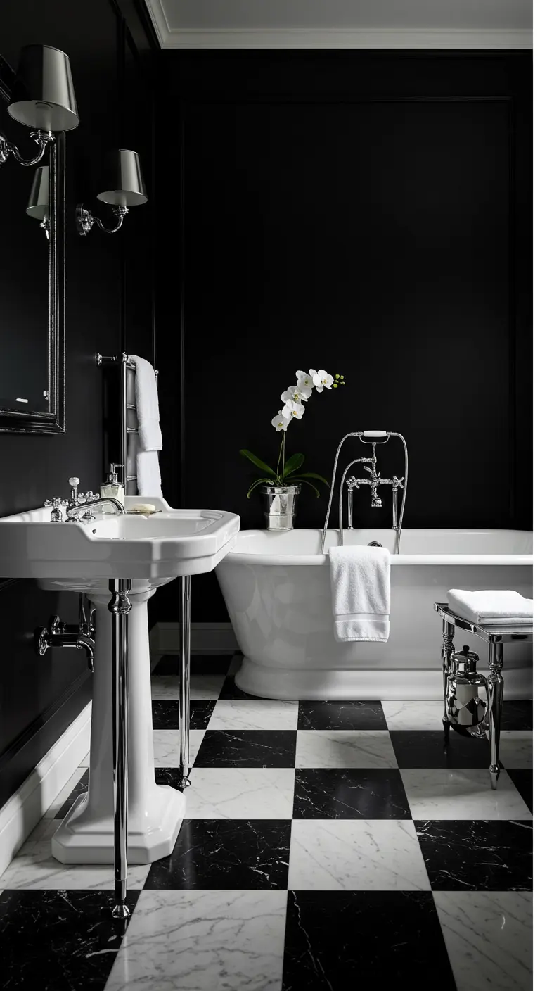 Dramatic bathroom with all-black walls, a white pedestal sink, and a clawfoot tub.