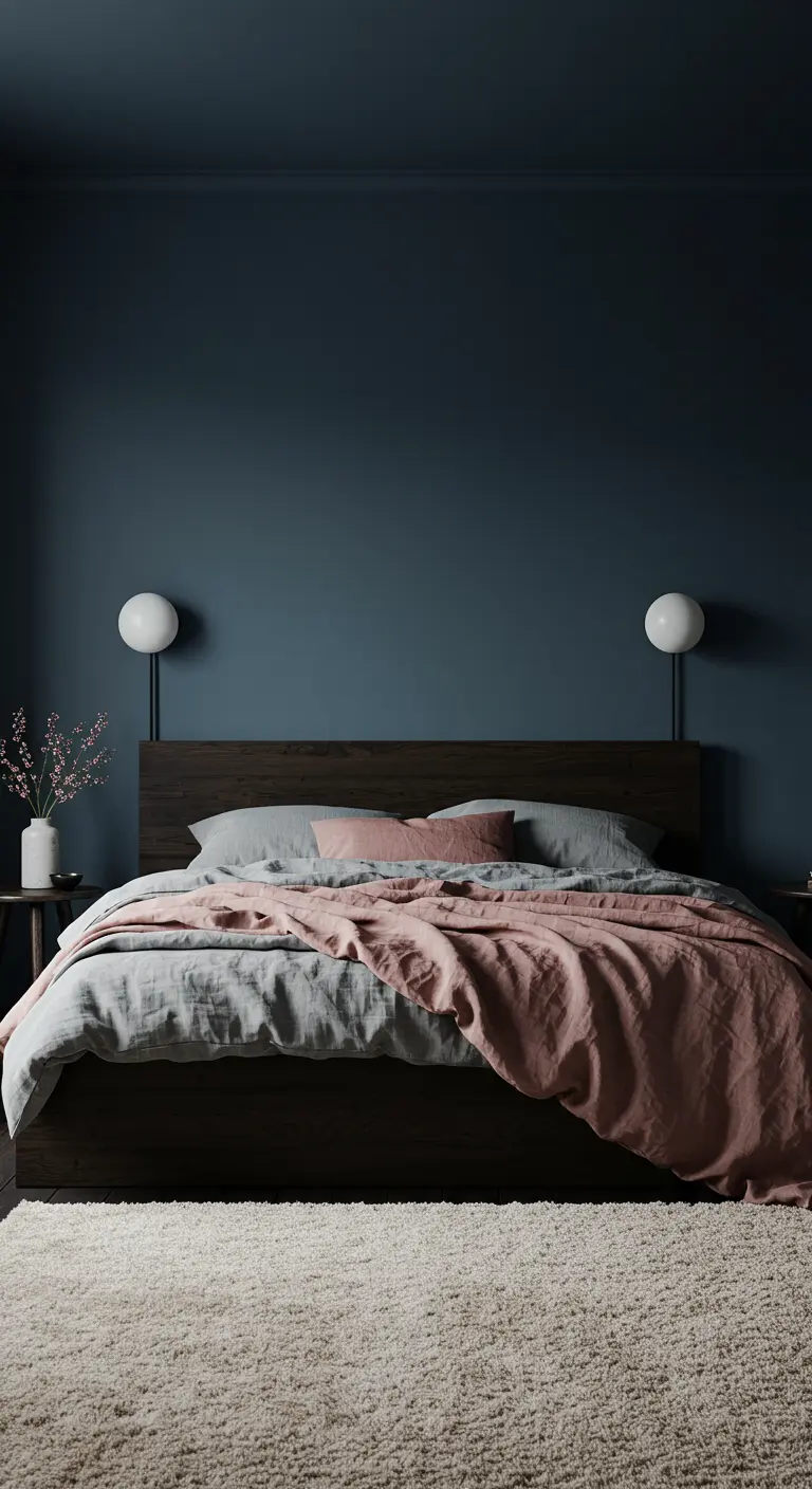 Dark teal bedroom with a dark wood bed and dusty rose linen bedding.