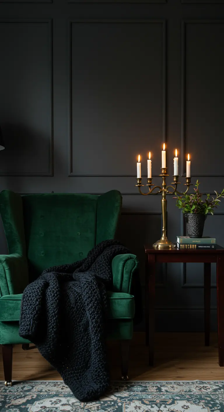 Emerald green velvet armchair with a black knit throw against a dark wall with a brass candelabra.