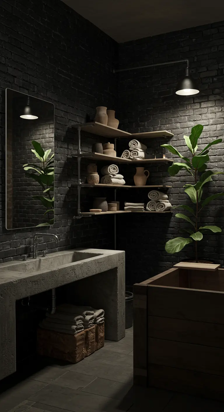 A dark bathroom with black brick walls, a wooden tub, and thoughtfully placed lighting.