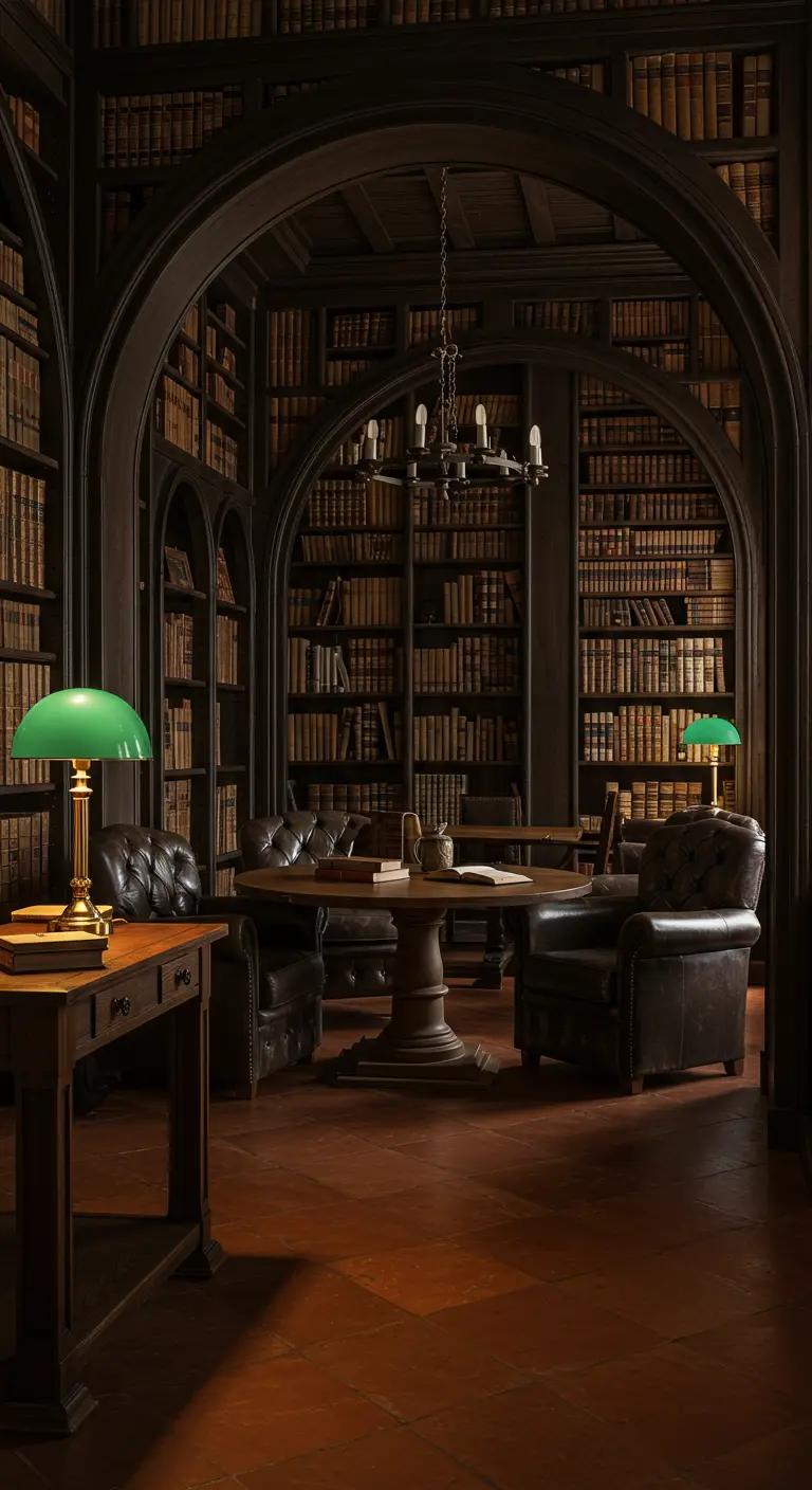 A dark, moody dining room that doubles as a library with leather chairs.