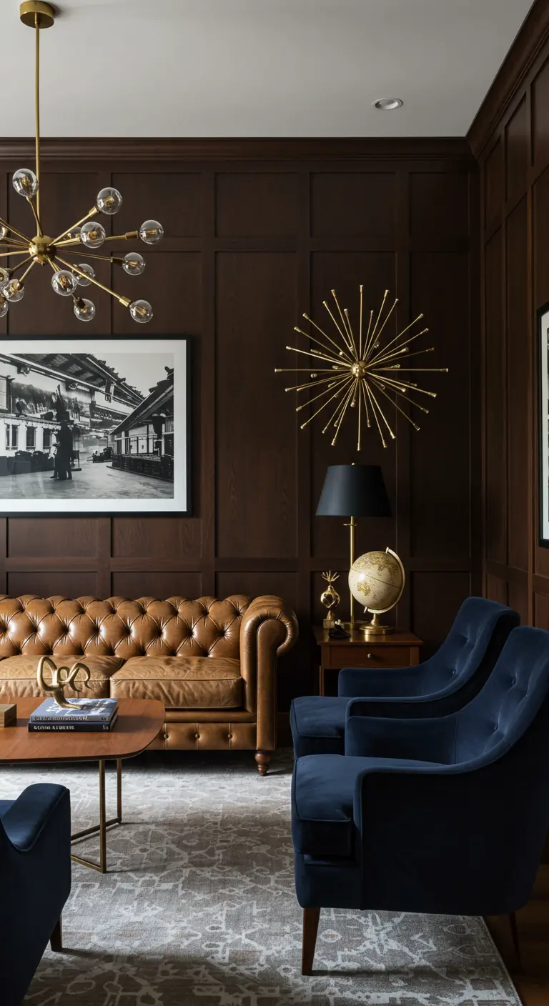 Moody den with dark wood paneling, a brown leather sofa, and navy velvet armchairs.