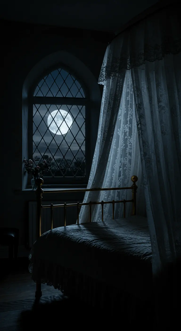 A moody, moonlit bedroom with a gothic window and a brass bed draped in a lace canopy.