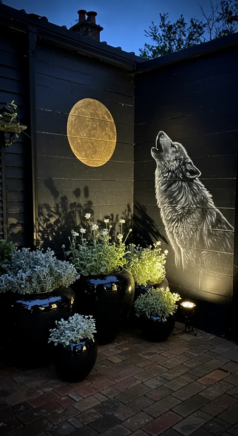A dark garden wall with a painted wolf and moon, illuminated by uplighting.