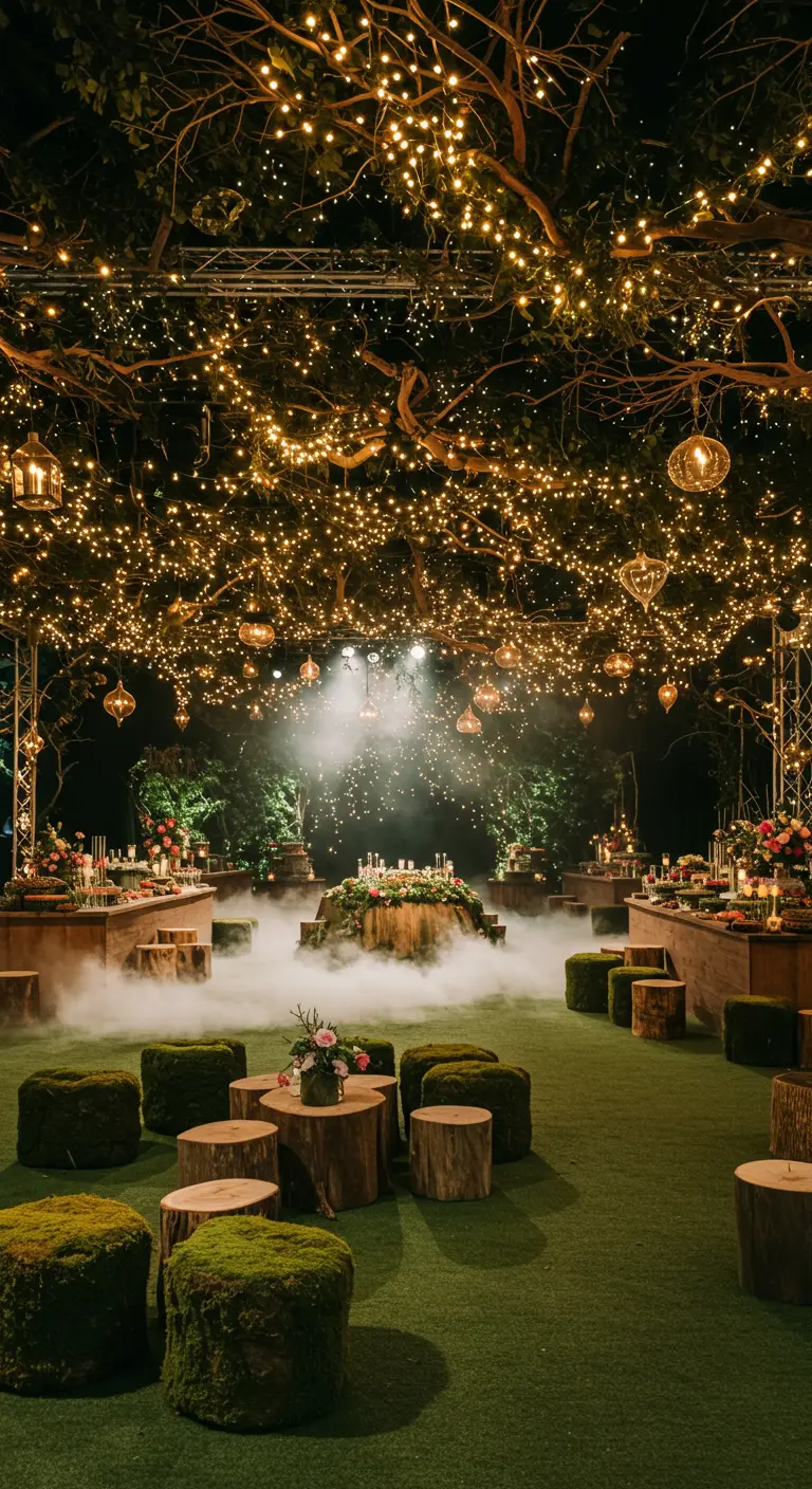 A party space with log stools, mossy ottomans, and a layer of fog on the floor.