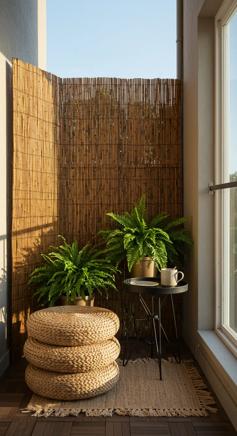 A cozy balcony corner with a bamboo privacy screen, stacked woven poufs, and two lush ferns.