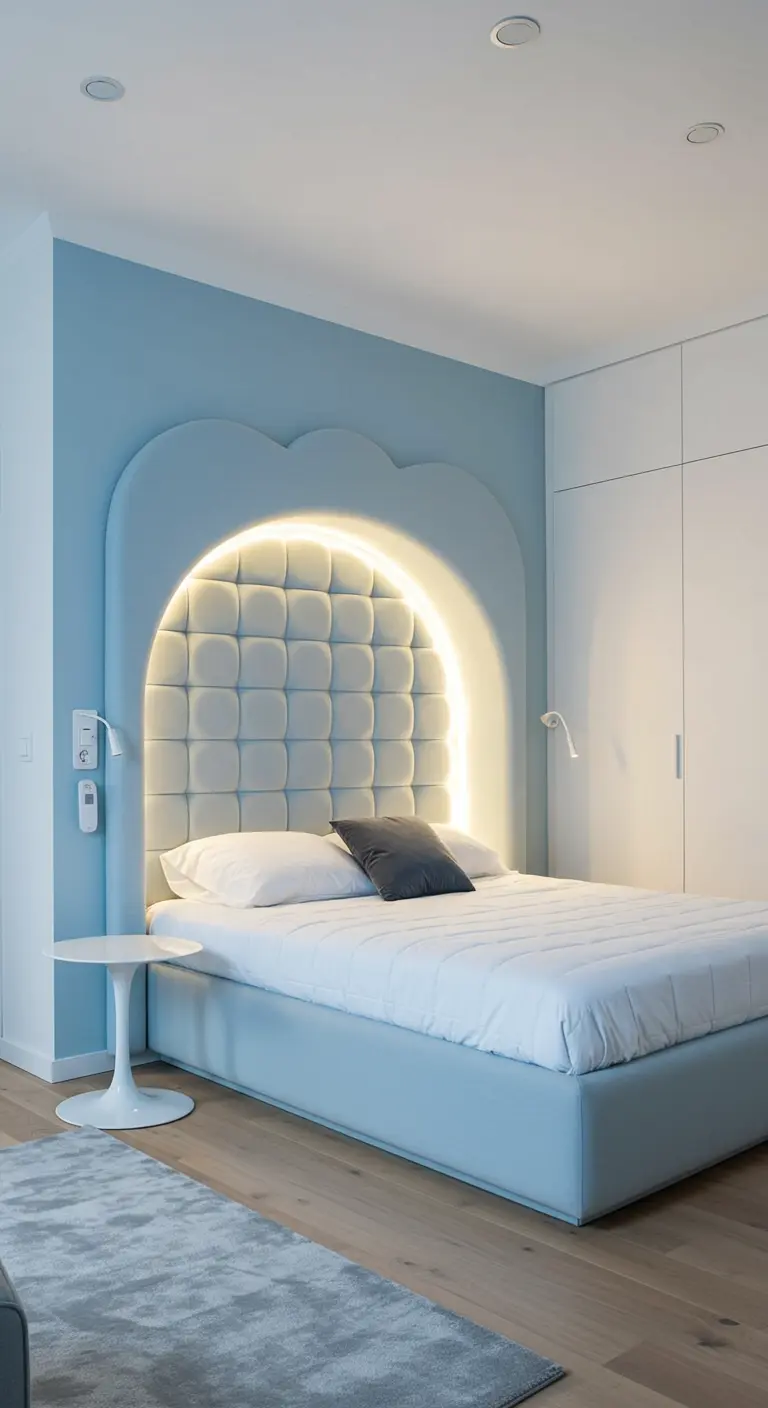 A bedroom with a large, arched blue headboard featuring a backlit tufted inset.