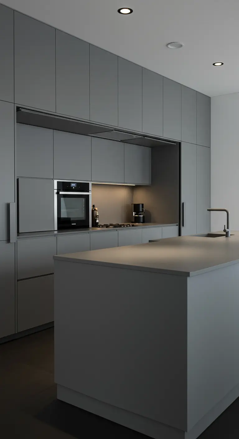 Minimalist grey kitchen with a recessed alcove for the oven and cooktop, creating a distinct zone.