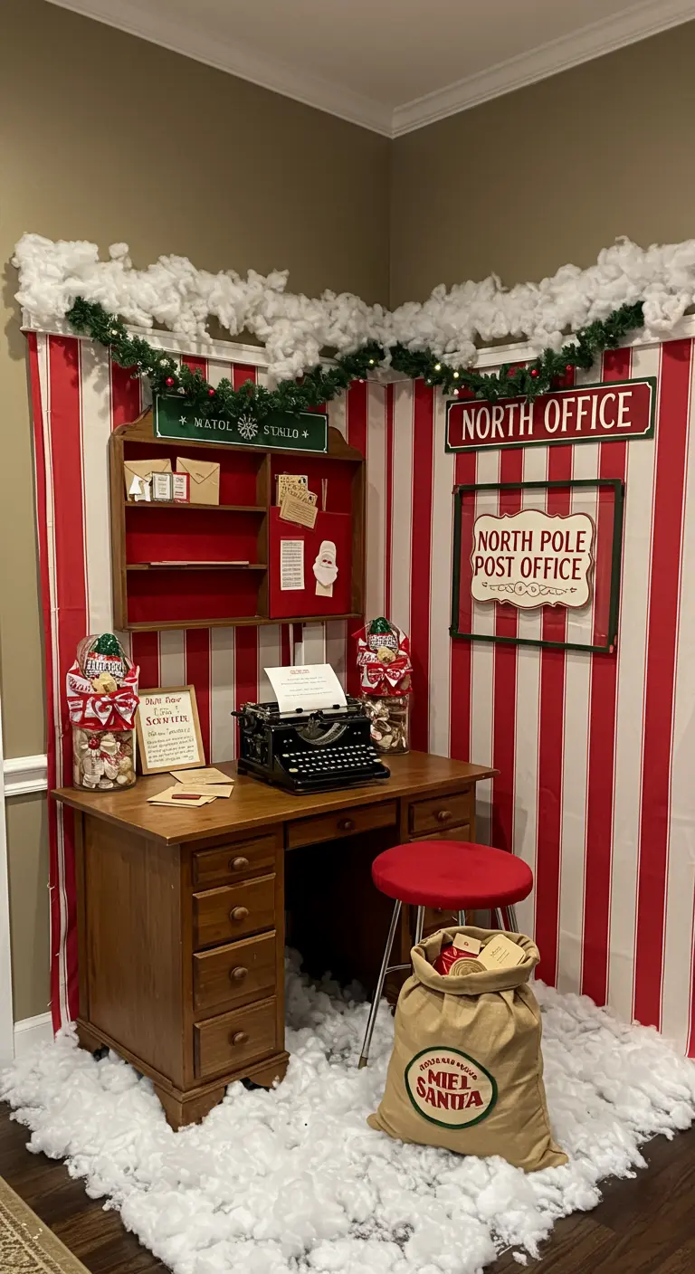 A cozy corner decorated as a North Pole post office with a vintage typewriter.