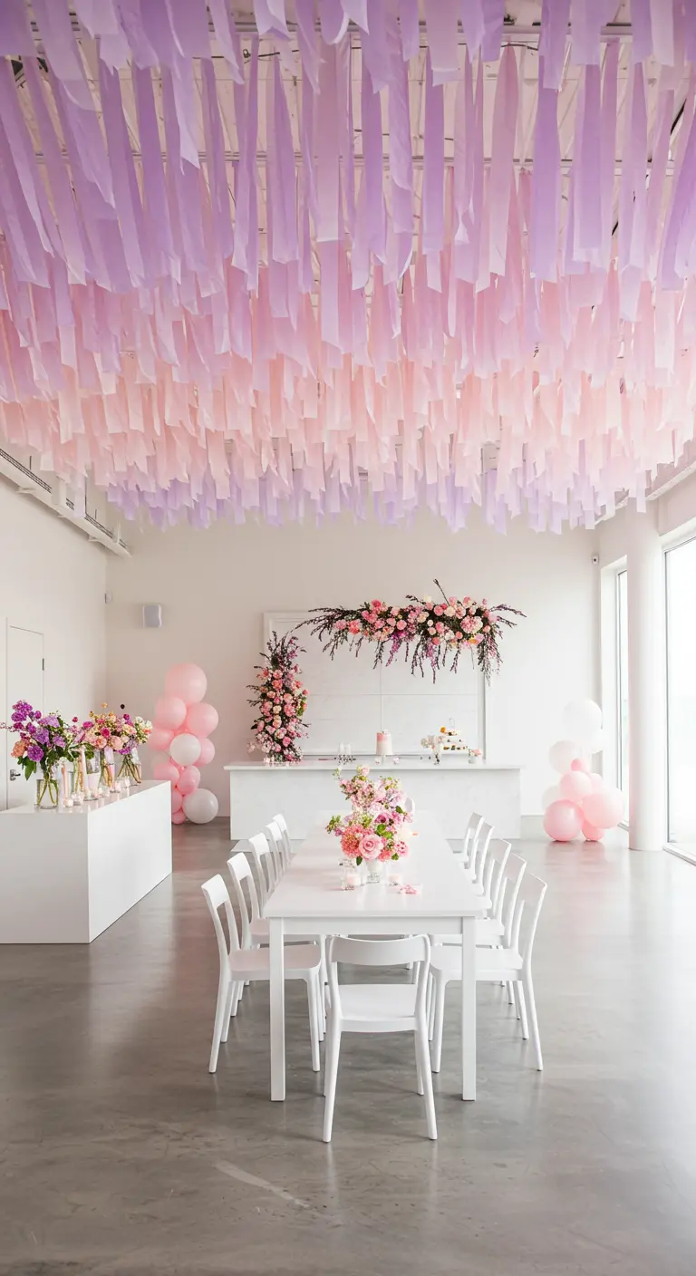 Pink and lavender crepe paper streamers hanging from a ceiling.