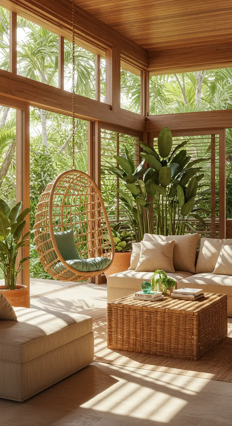 Sun-drenched room with a hanging rattan egg chair and a large woven coffee table.