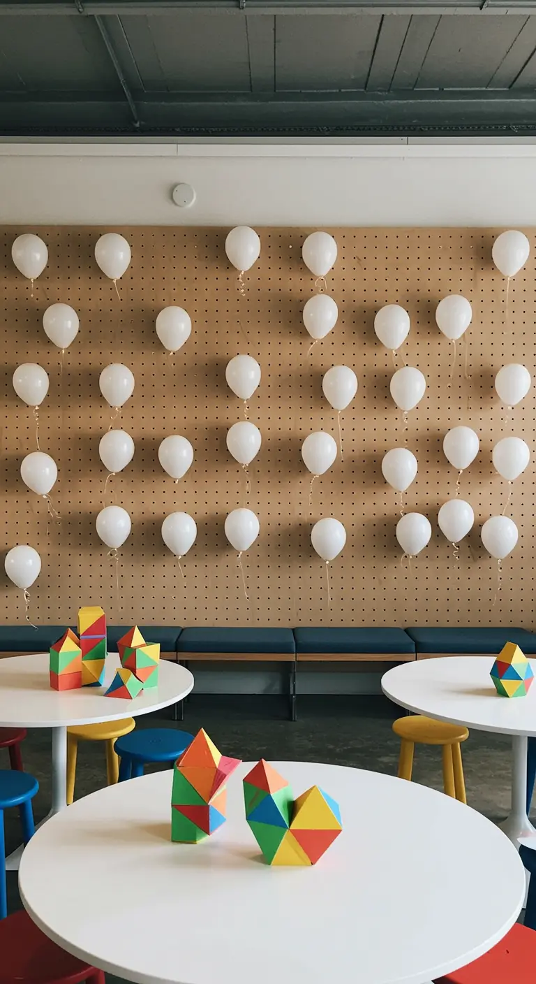 A grid of small white balloons hanging on a large pegboard wall behind kids' tables.