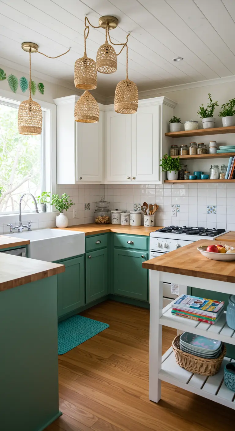 A cluster of small woven pendants hanging over a green and white kitchen with butcher block counters.