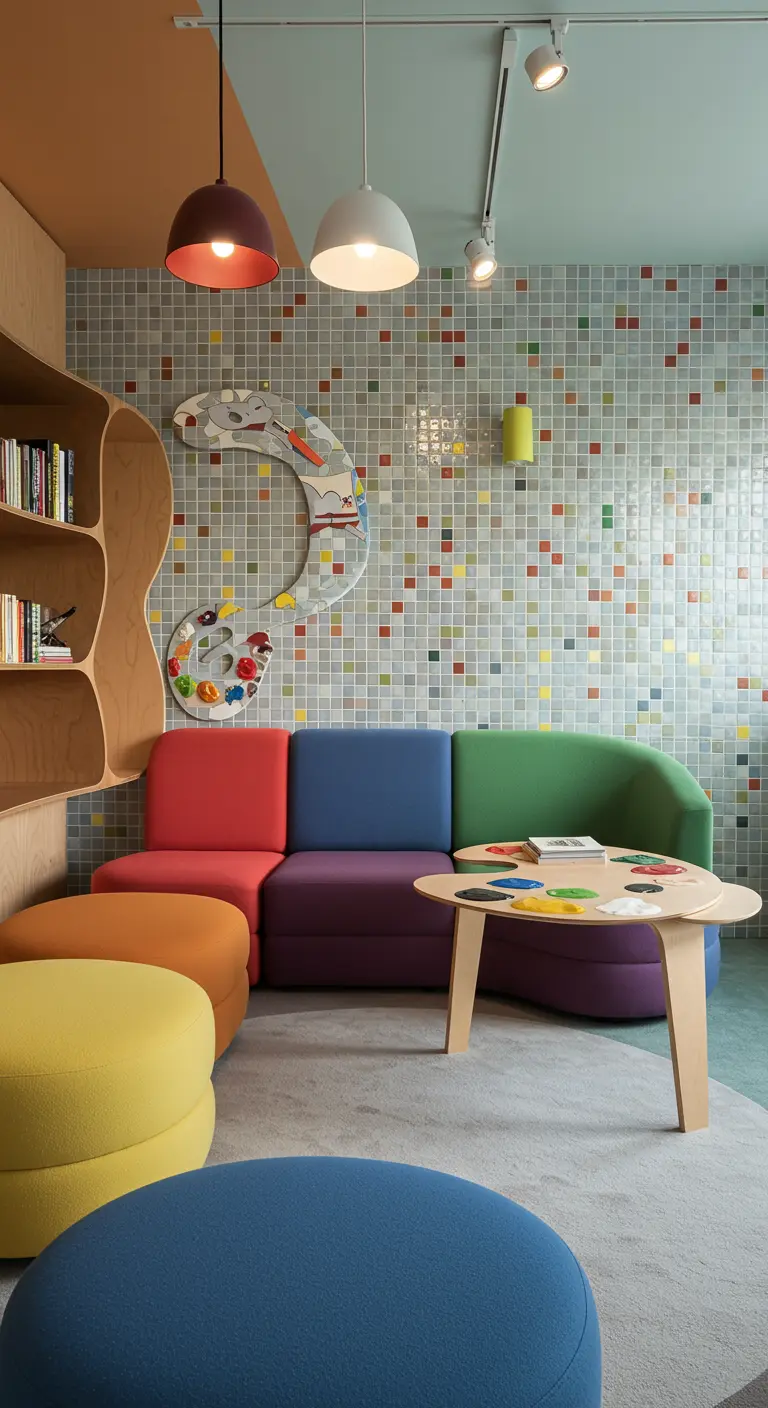 A playful room with a multi-colored mosaic tile wall and a modular sofa in primary colors.