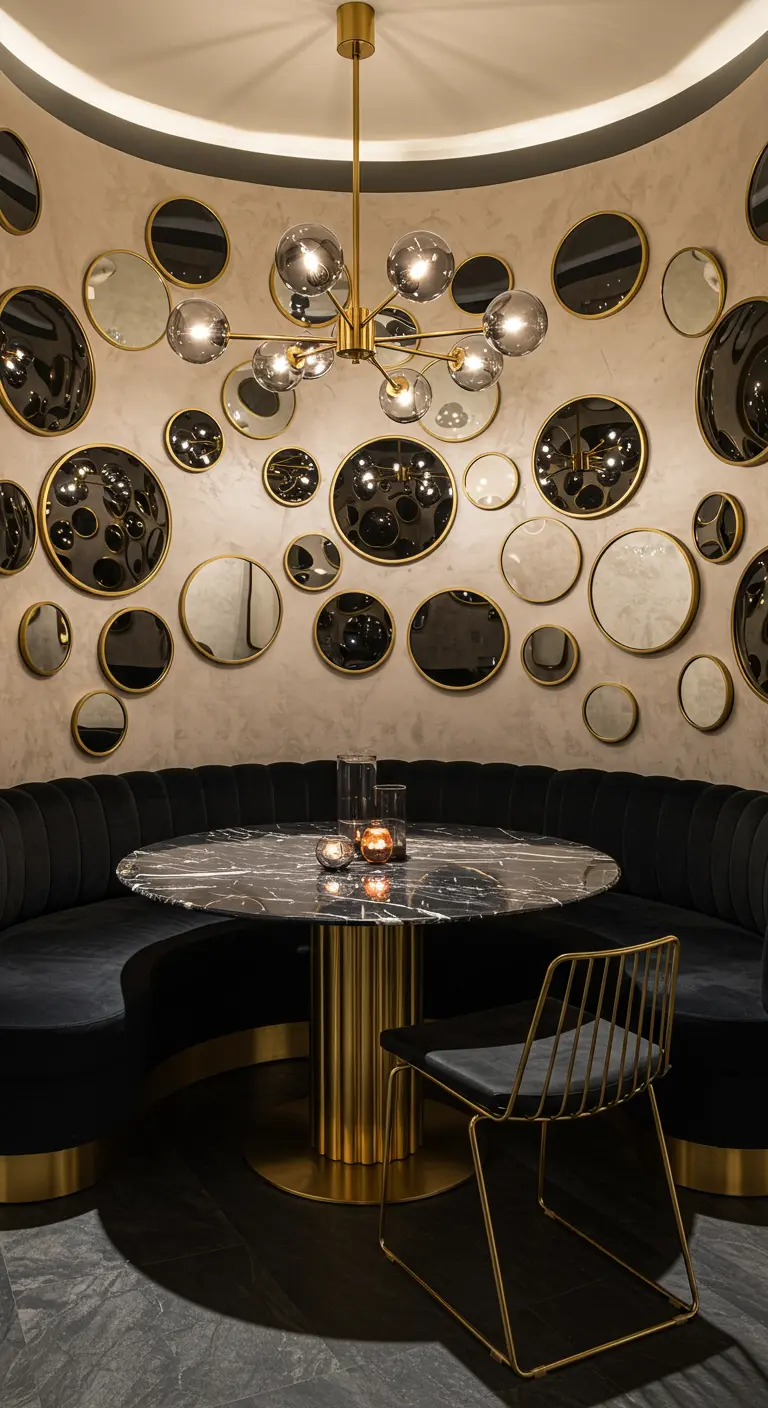Dining booth with a curved banquette and a wall covered in various sizes of round mirrors.
