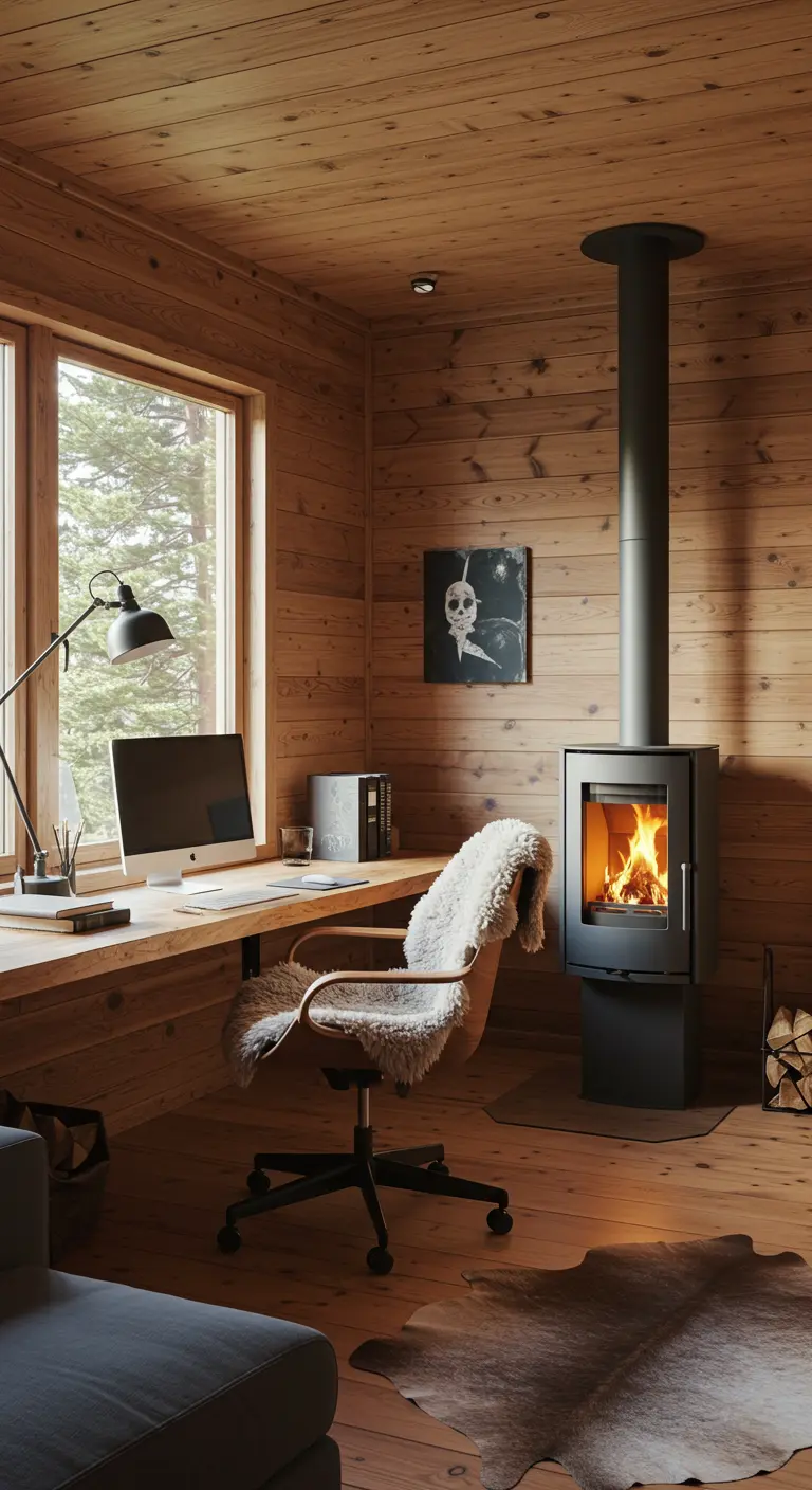 Home office in a wood-paneled room with a long desk and a modern wood stove.