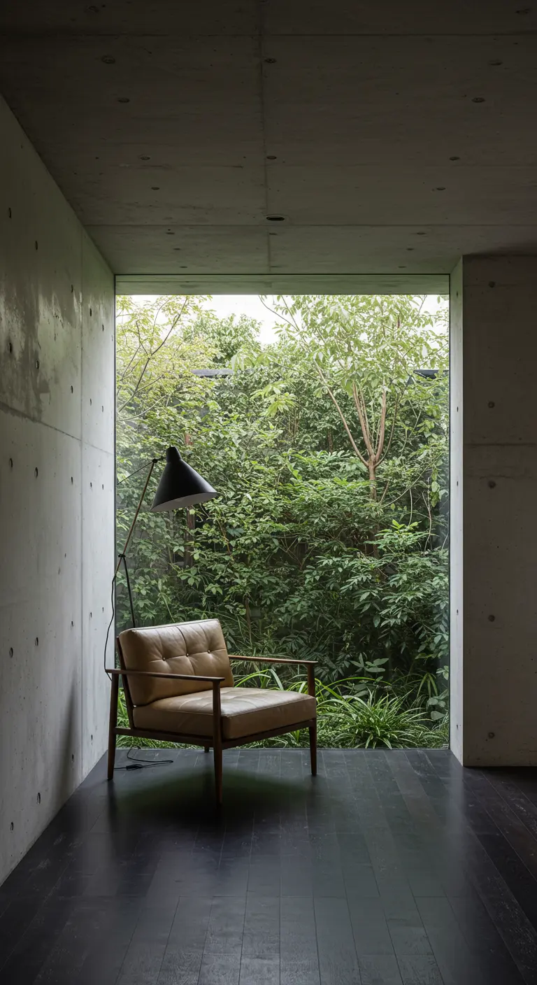 A leather lounge chair and floor lamp set before a large window looking into a lush forest.