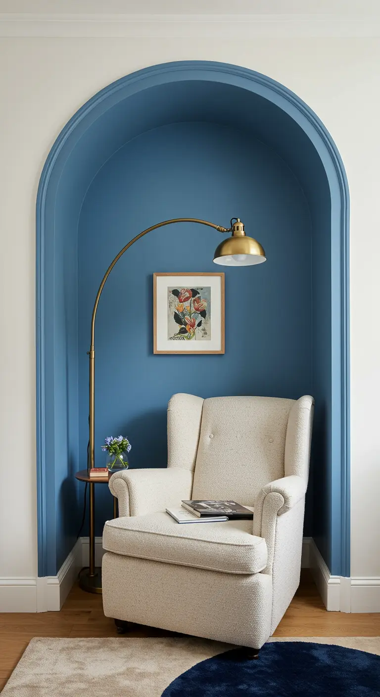 A cozy wingback chair sits in a blue painted reading nook with an arched floor lamp.