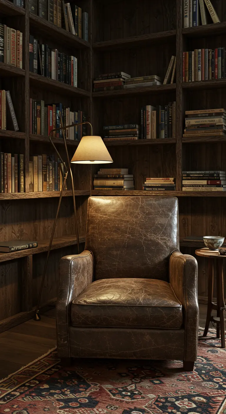 A cozy library corner with a worn leather armchair, a floor lamp, and wall-to-wall bookshelves.