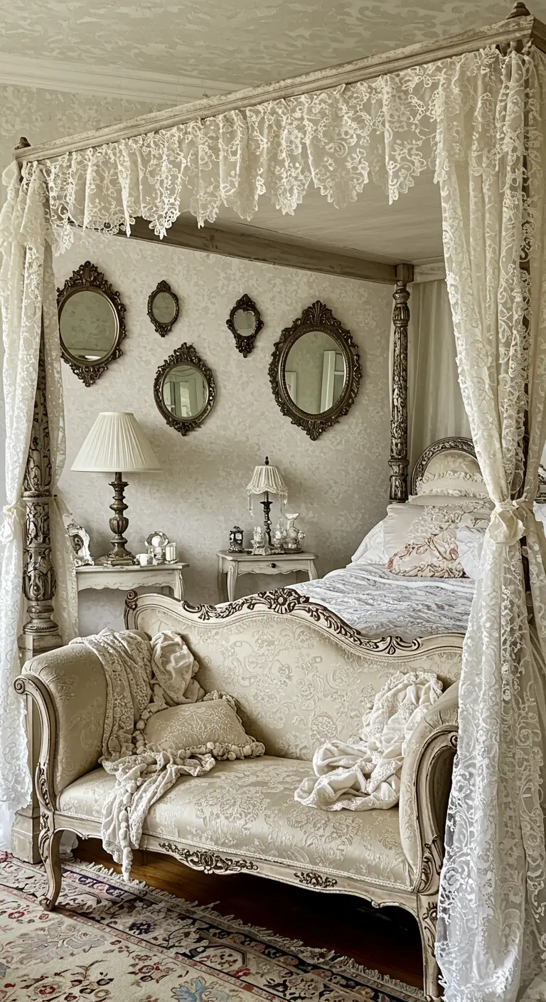 Gallery wall of small ornate mirrors behind a chaise lounge in a romantic bedroom.