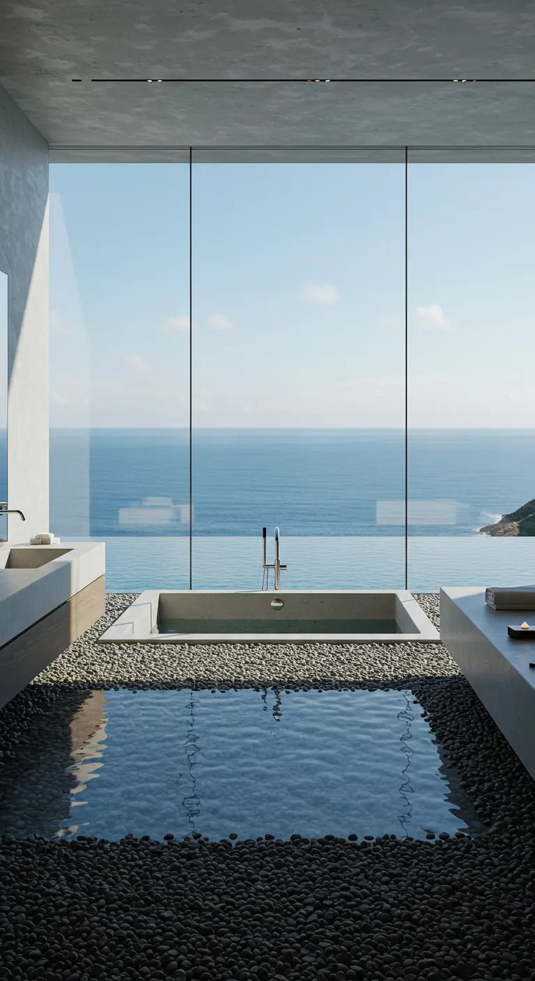 A minimalist tub is surrounded by a shallow reflecting pool overlooking the ocean.