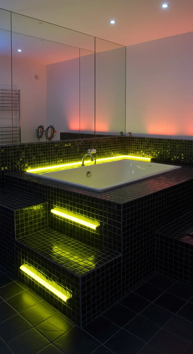 A sunken bathtub with black tile steps, with each step underlit by yellow neon light.