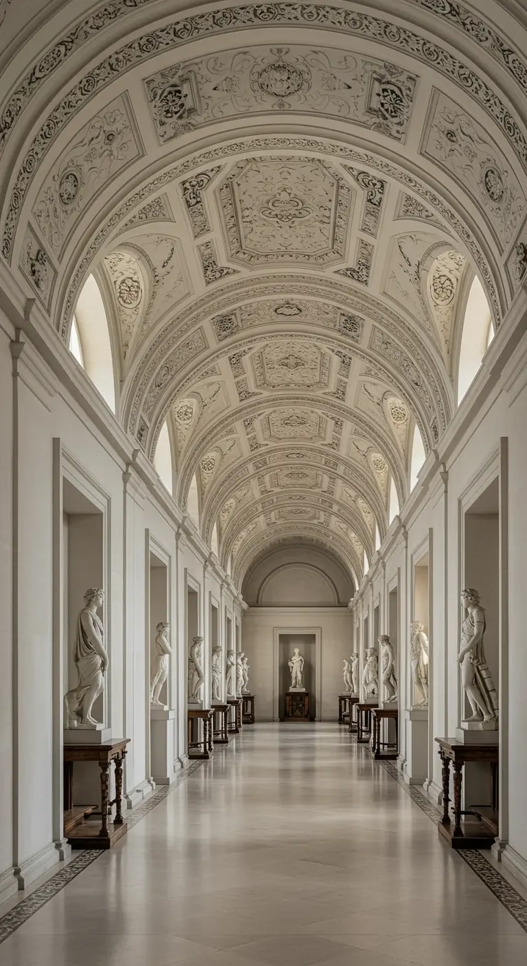 Ornate vaulted hallway in a neoclassical palace with statues lining the walls.