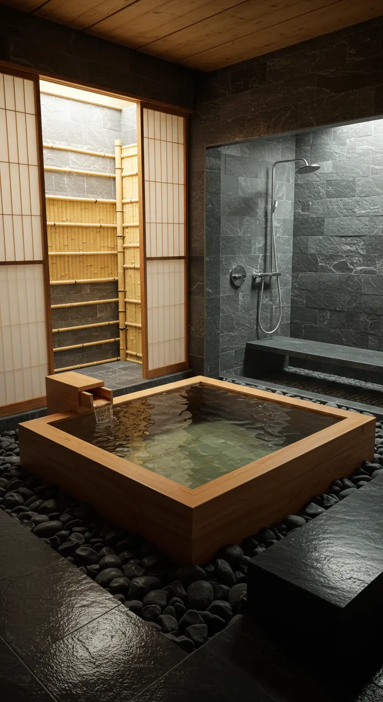 Japanese-style bathroom with a wooden Ofuro soaking tub, slate walls, and river pebbles.