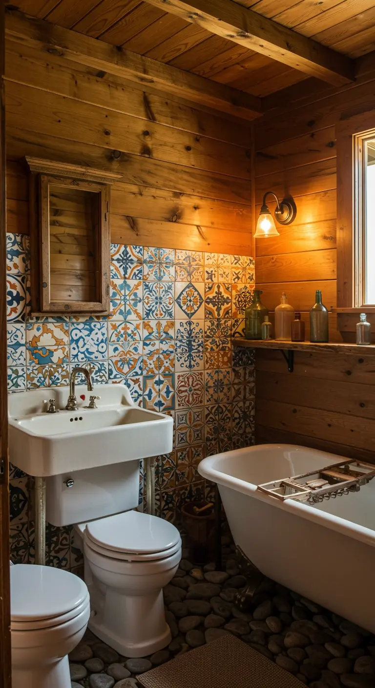 Rustic wood-paneled bathroom with a colorful tiled backsplash and a clawfoot tub.