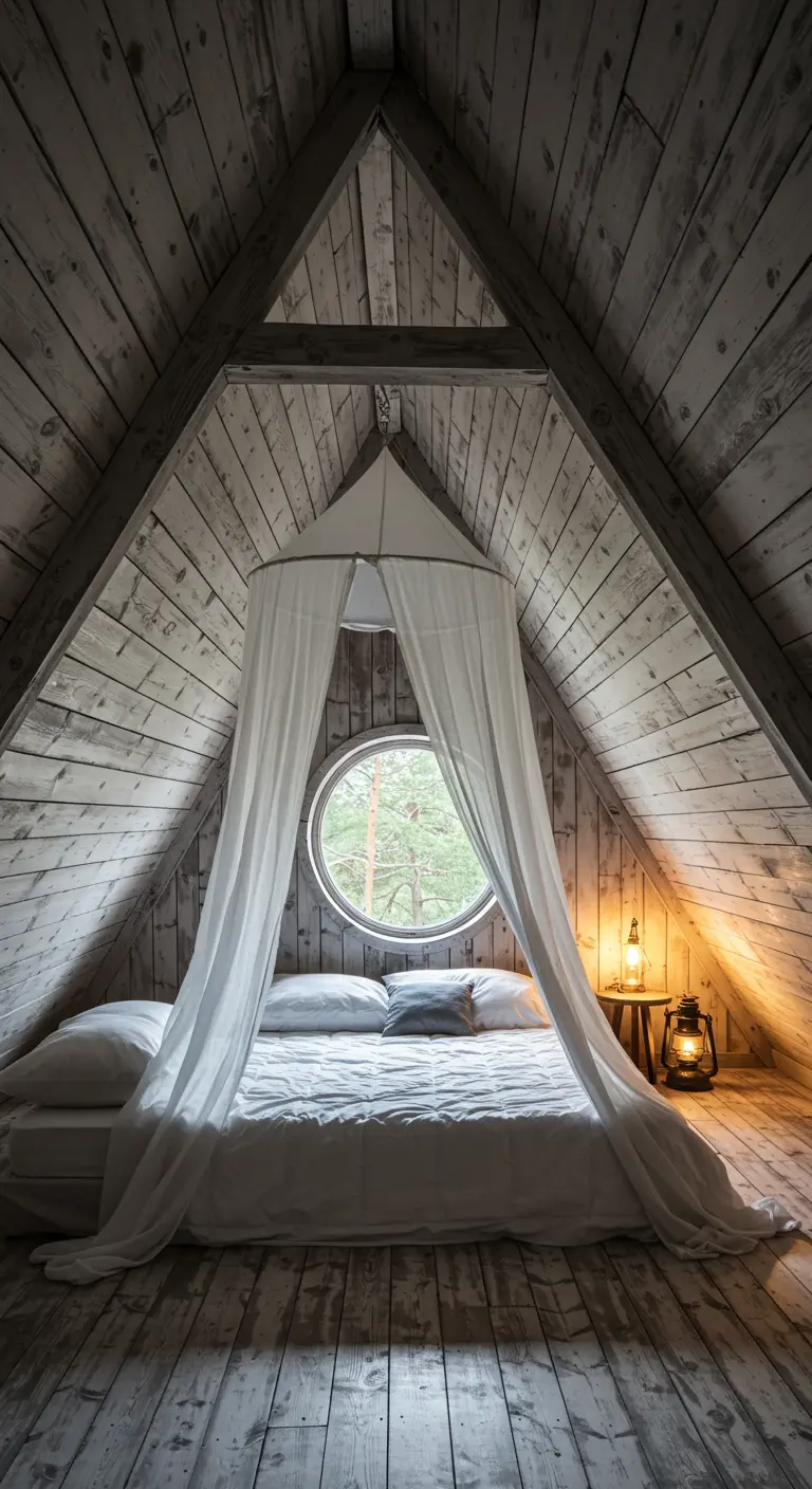 A-frame attic bedroom with whitewashed wood paneling, a bed under a round window, and a simple canopy.