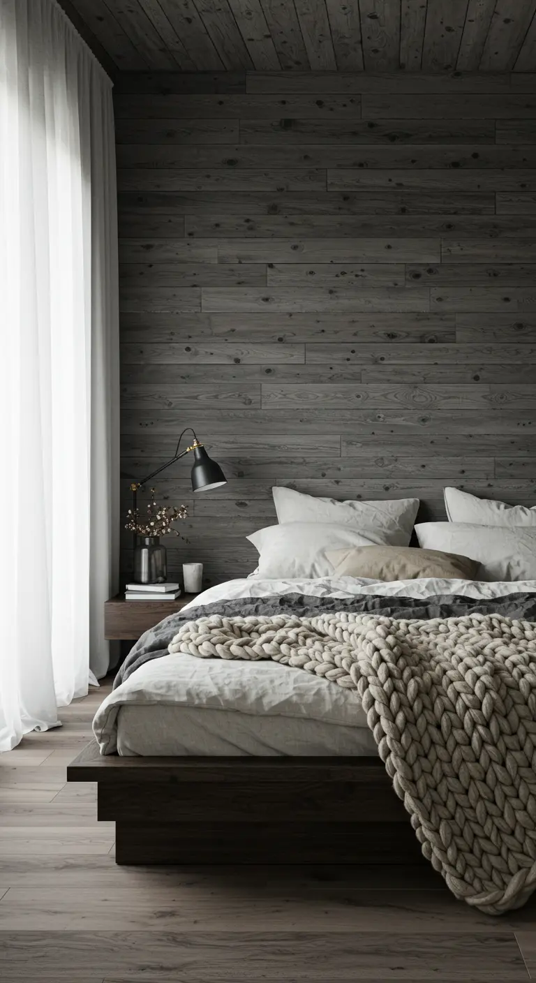 Bedroom with a dark gray wood-paneled wall and a cozy bed with a chunky knit blanket.