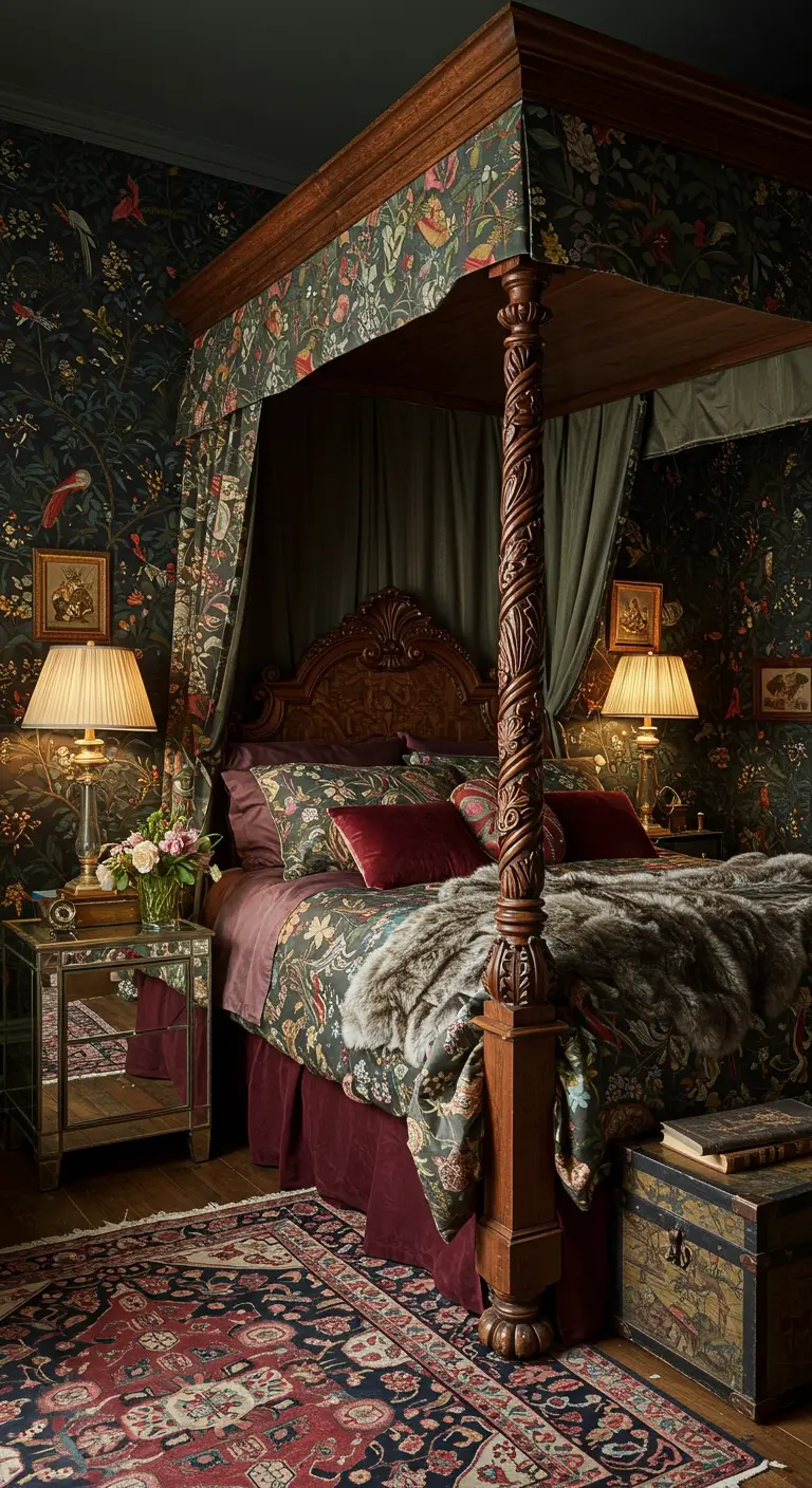 Dark bedroom with floral wallpaper, a four-poster bed with matching canopy, and a faux fur throw.