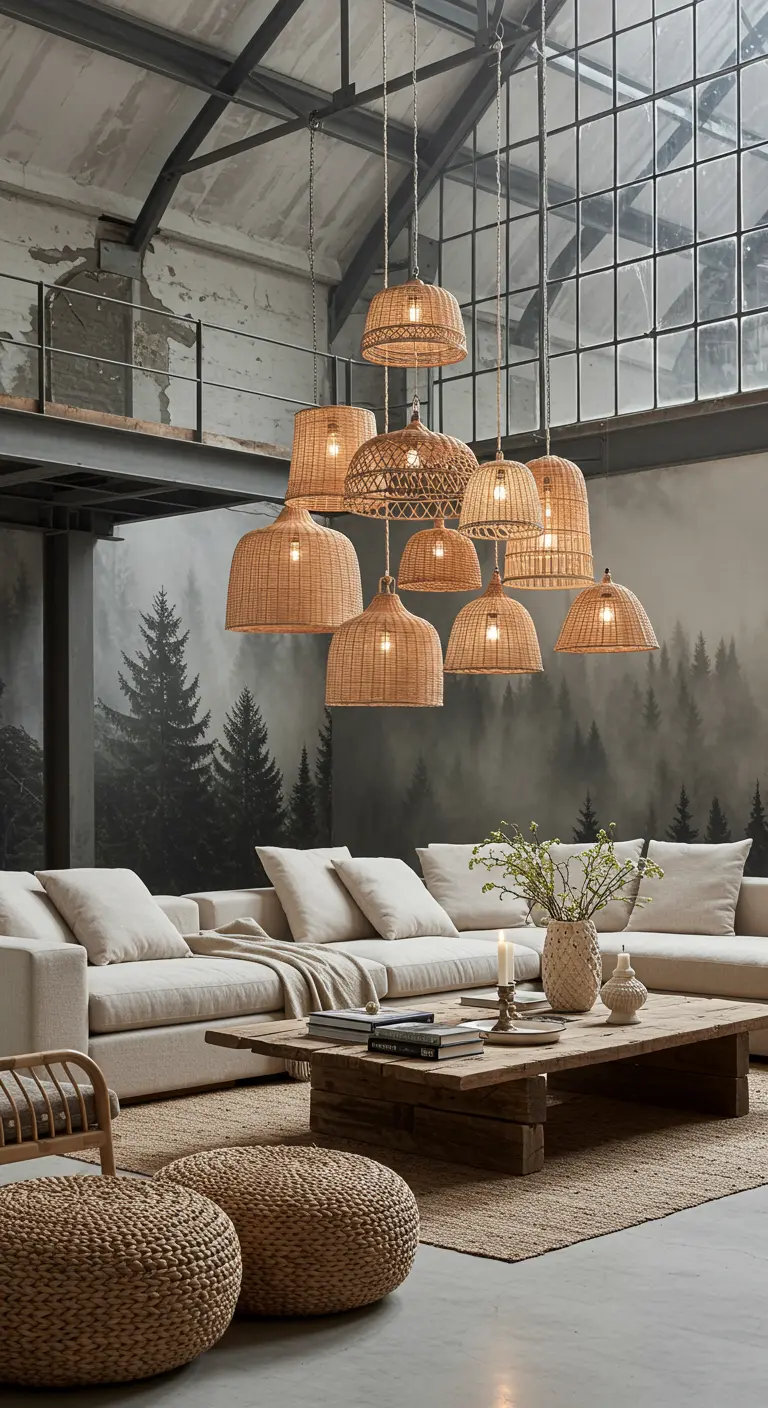 Industrial loft living room with a cluster of hanging rattan pendant lights over a sectional sofa.