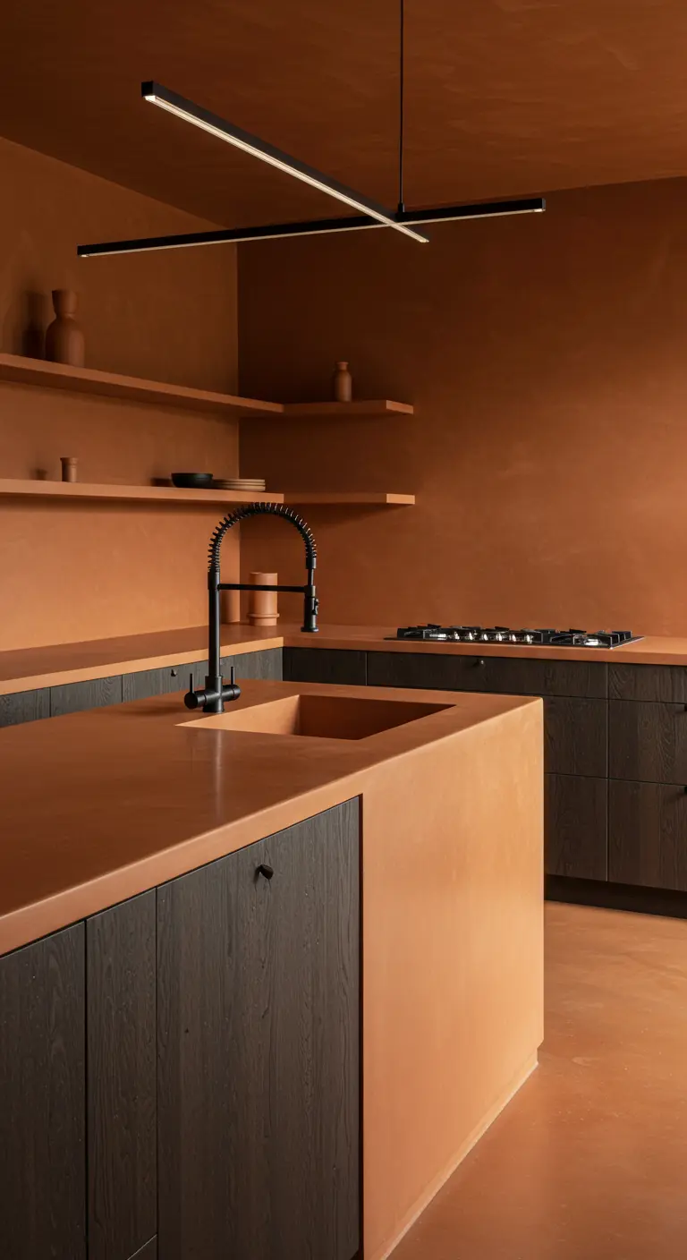 Kitchen with terra cotta plaster on the island, countertops, and walls.