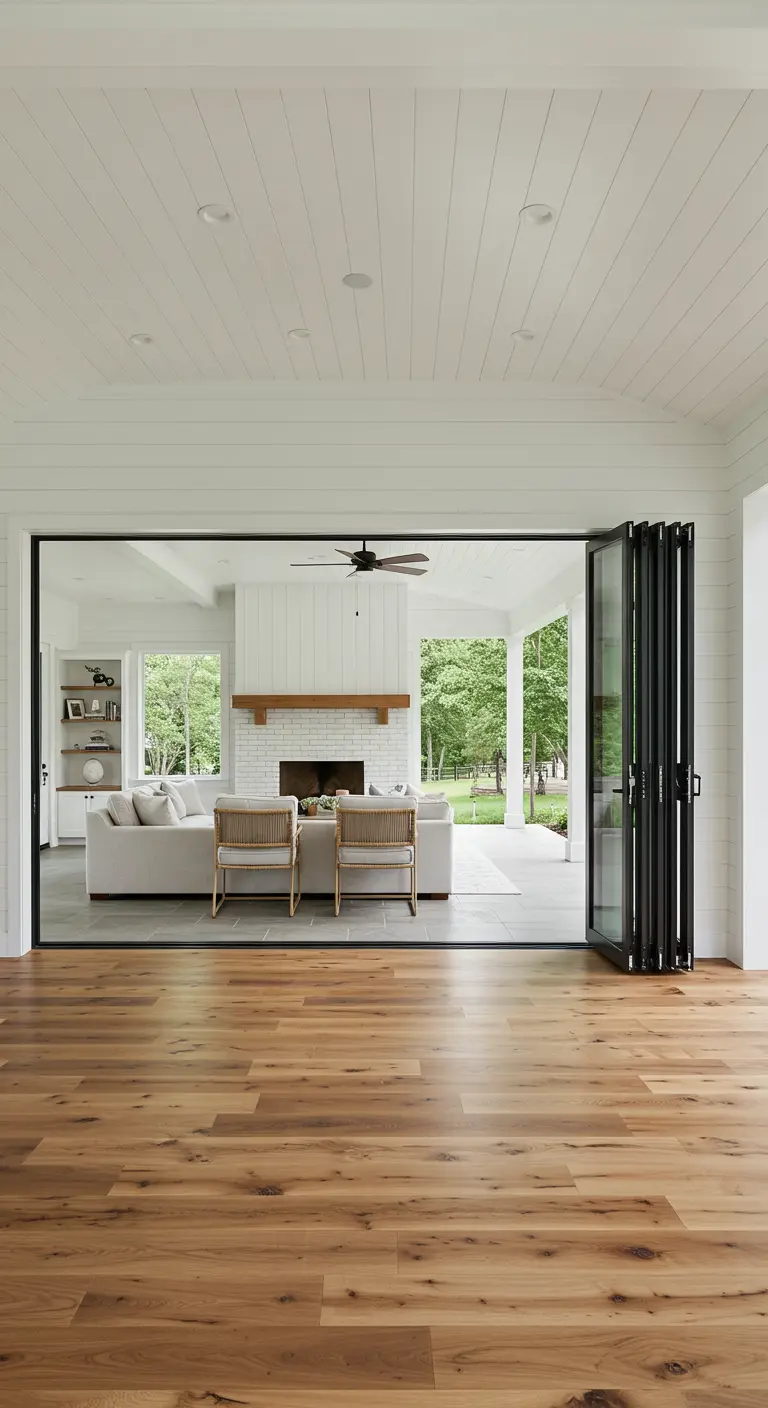 Living room with folding glass doors opening completely to an outdoor patio.