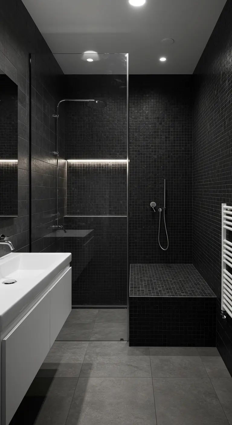 Walk-in shower with black mosaic tiles, a built-in bench, and a recessed LED light strip.