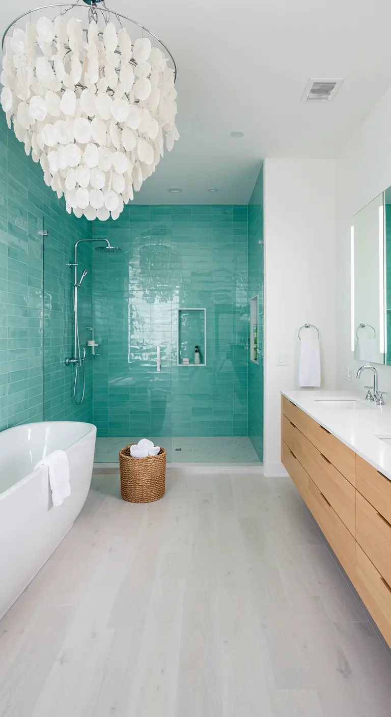 Modern bathroom with floating wood vanity, glass shower, and large shell chandelier.