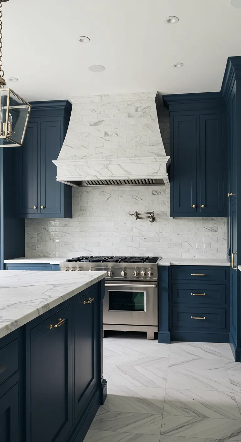 Deep blue kitchen with a marble subway tile wall that extends up the range hood.