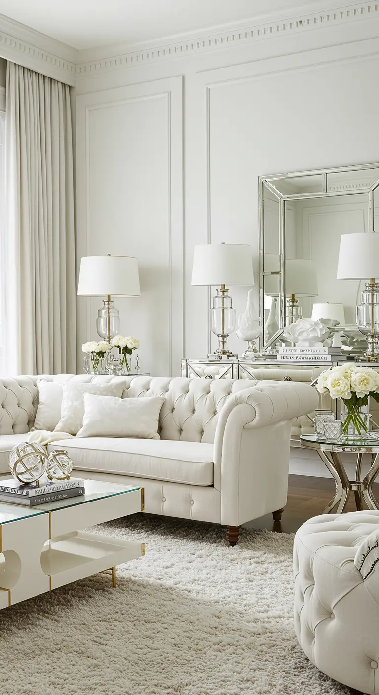 An all-white living room with a tufted sofa, plush rug, and mirrored console.