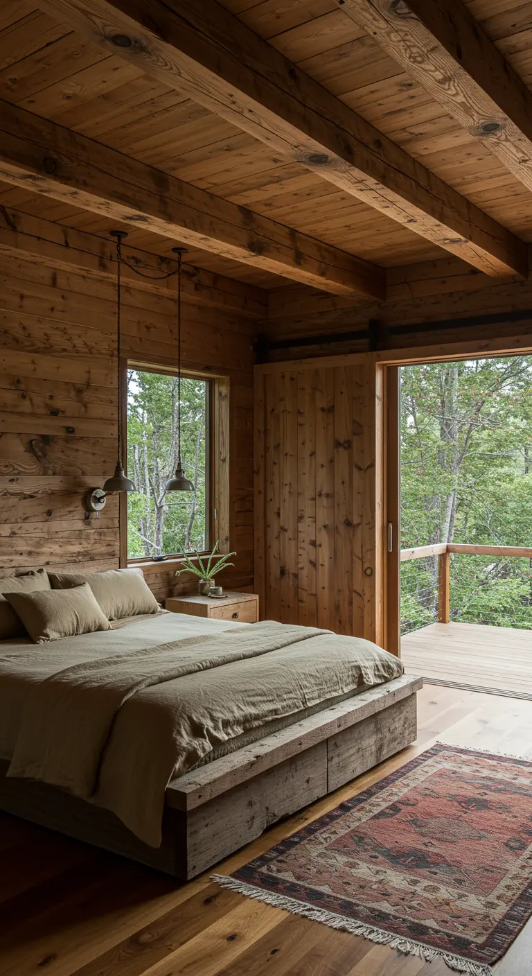 Bedroom with floor-to-ceiling wood paneling and a simple platform bed overlooking a forest.