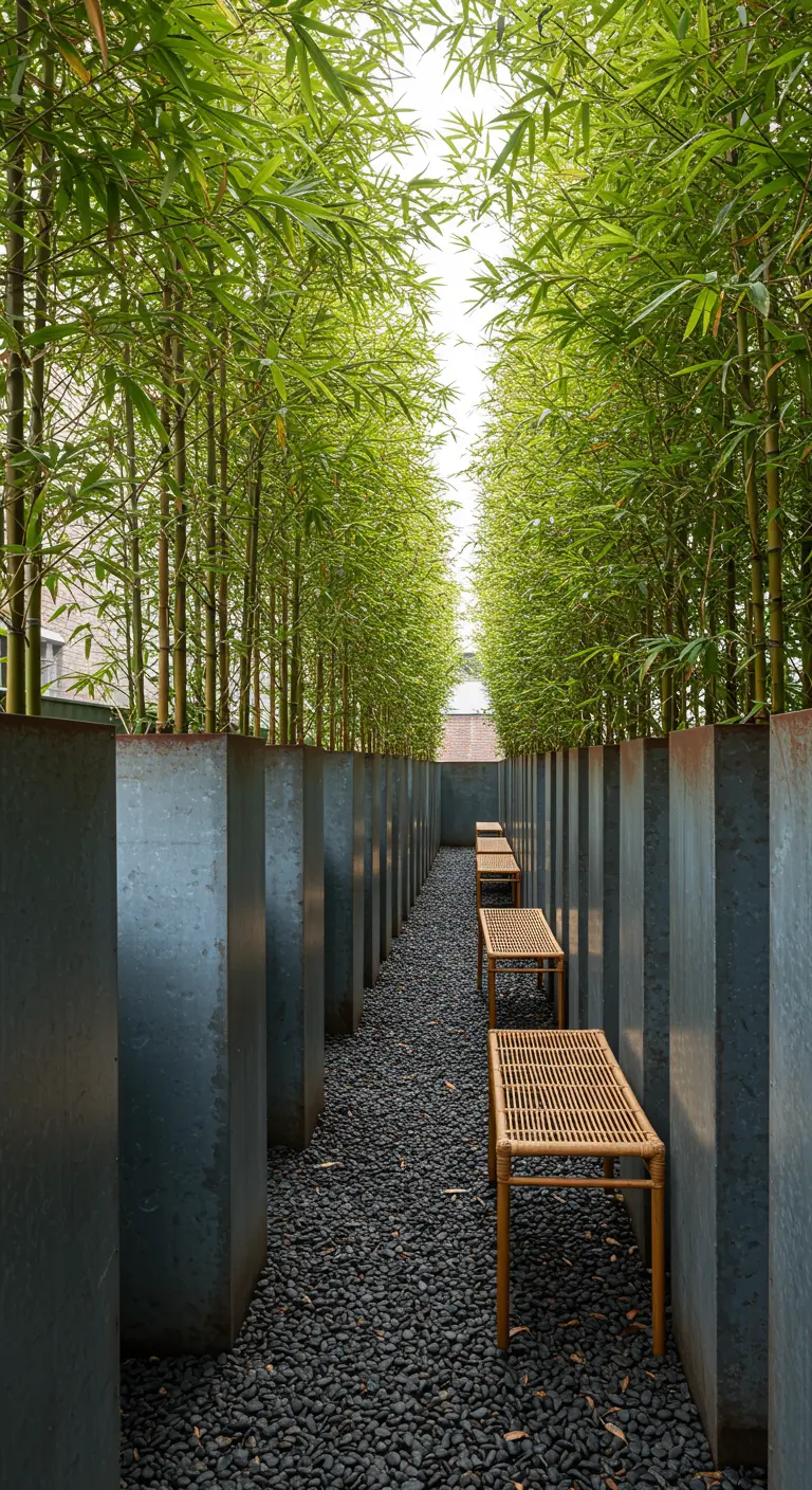A narrow corridor lined with tall planters of bamboo, creating a green tunnel effect.