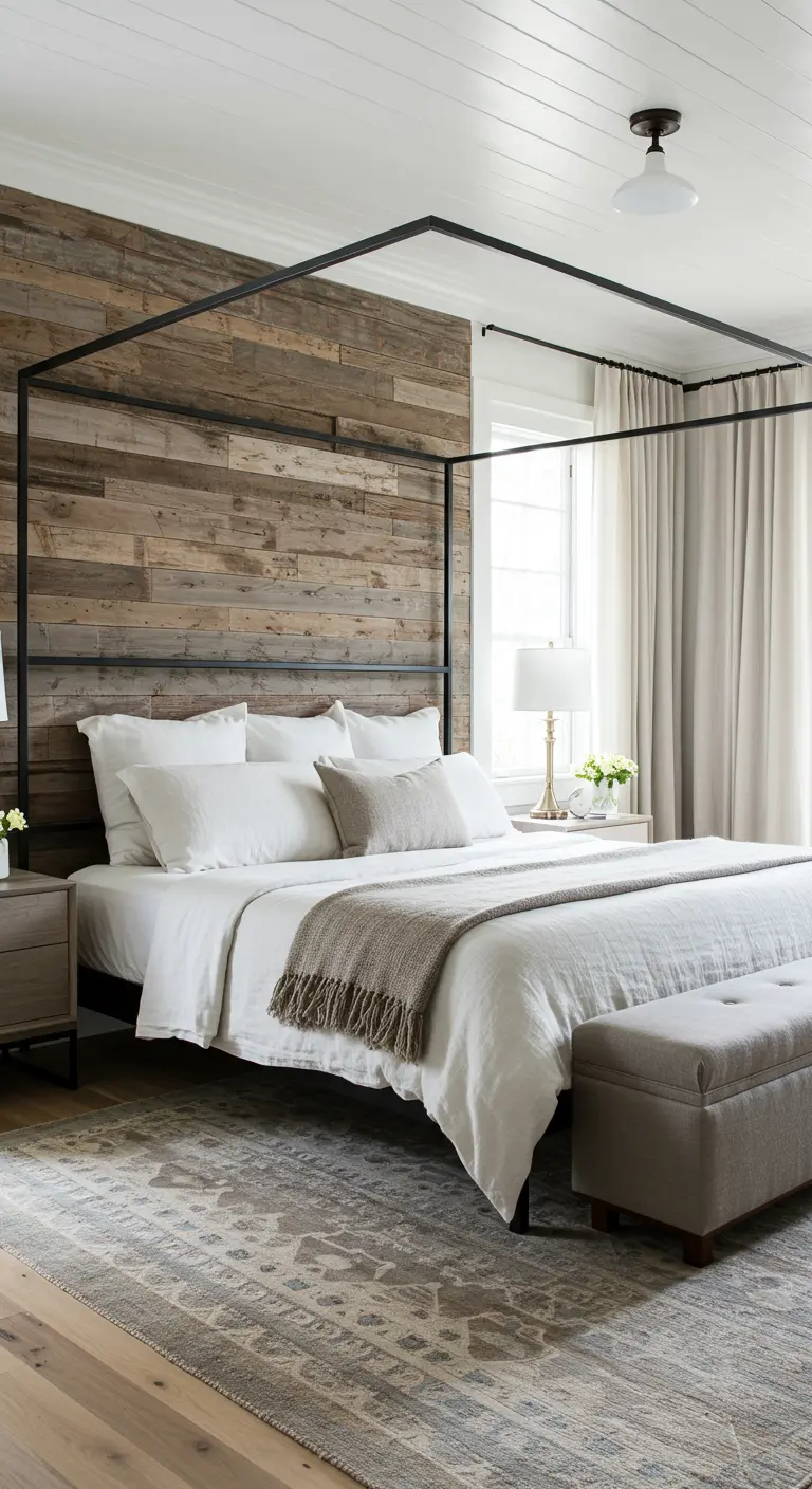 Bedroom with a reclaimed wood accent wall behind a black metal canopy bed.