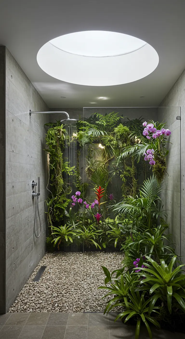 Walk-in shower with a living wall of tropical flowers, pebble floor, and round skylight.