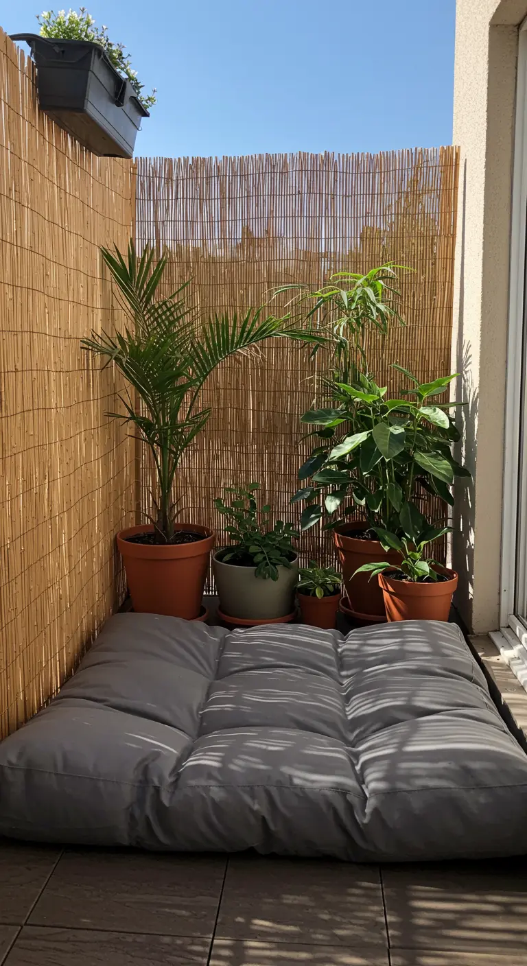 A balcony corner with a large gray floor mattress nestled against a bamboo screen and plants.