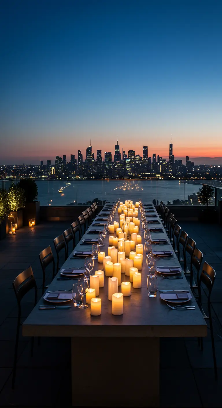 A long dining table on a rooftop with a river of pillar candles overlooking a city skyline at dusk.