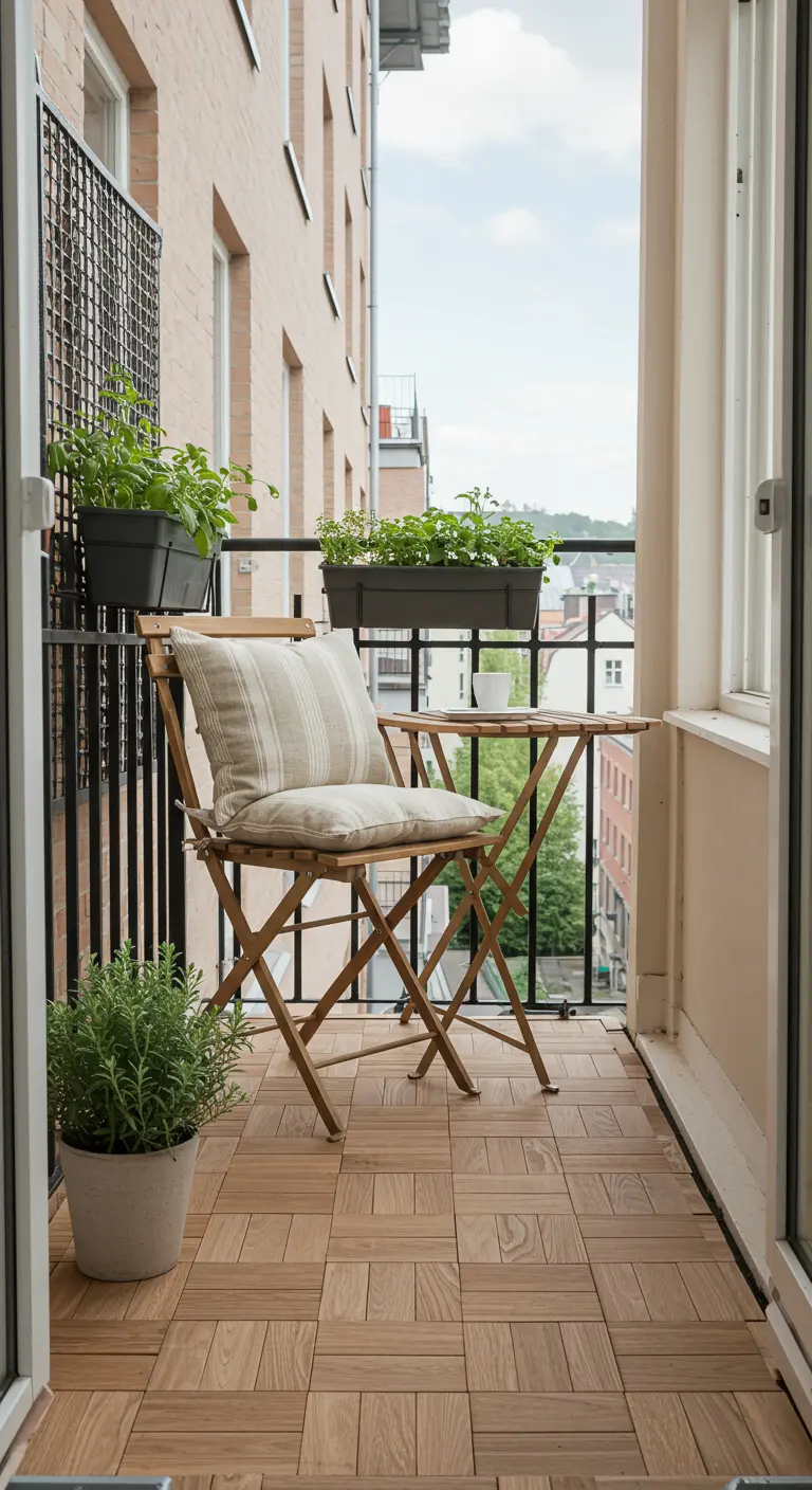 Small balcony with wood deck tiles, a folding bistro set, and rail planters.