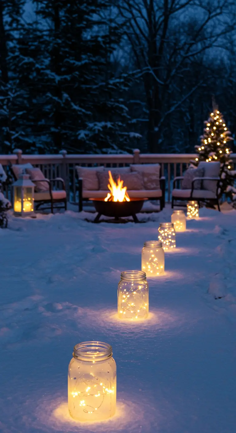 A line of mason jars filled with fairy lights lighting a path in the snow at dusk.