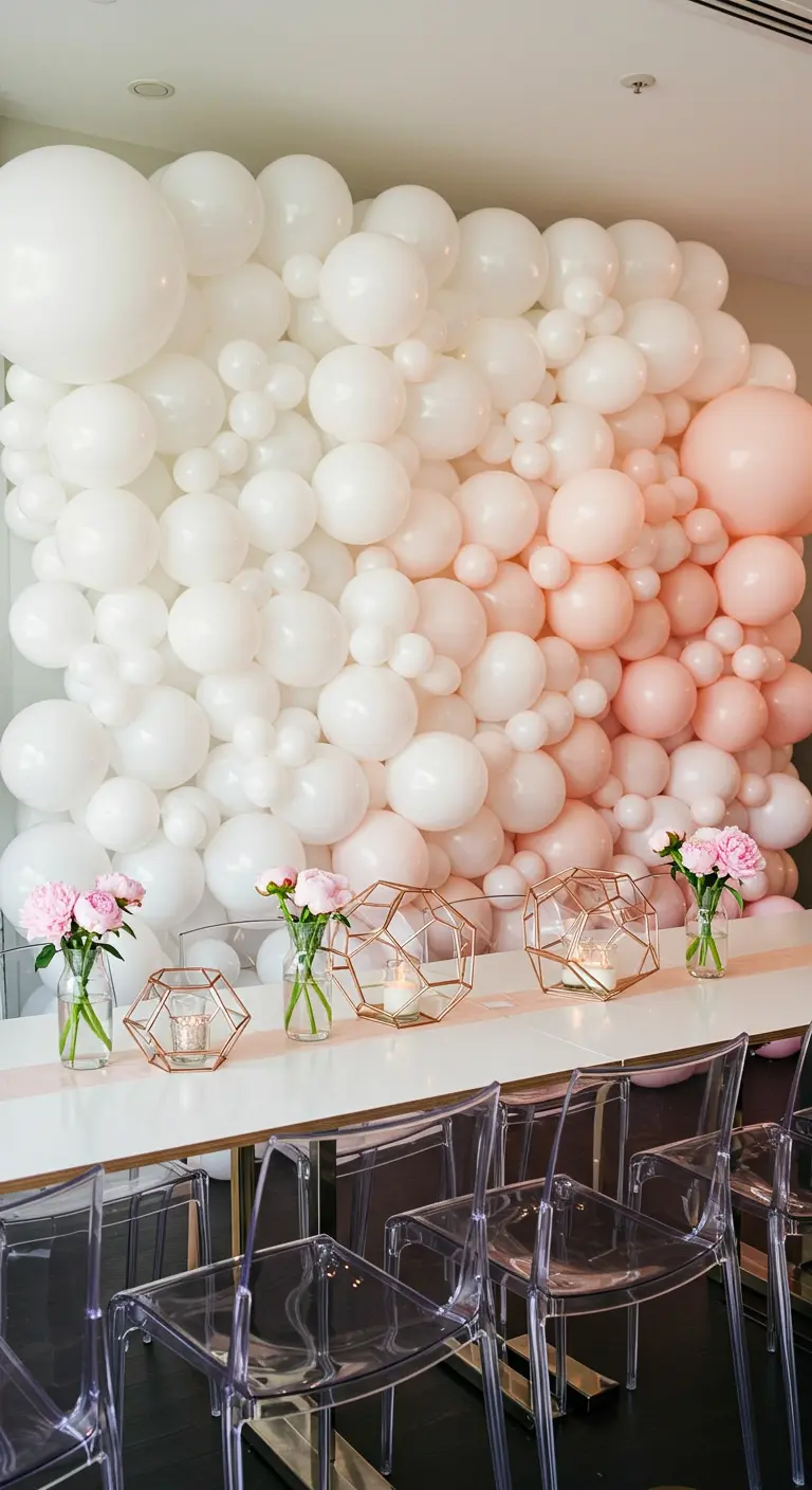 A large balloon wall transitioning from white to soft blush, with rose gold lanterns on the table.