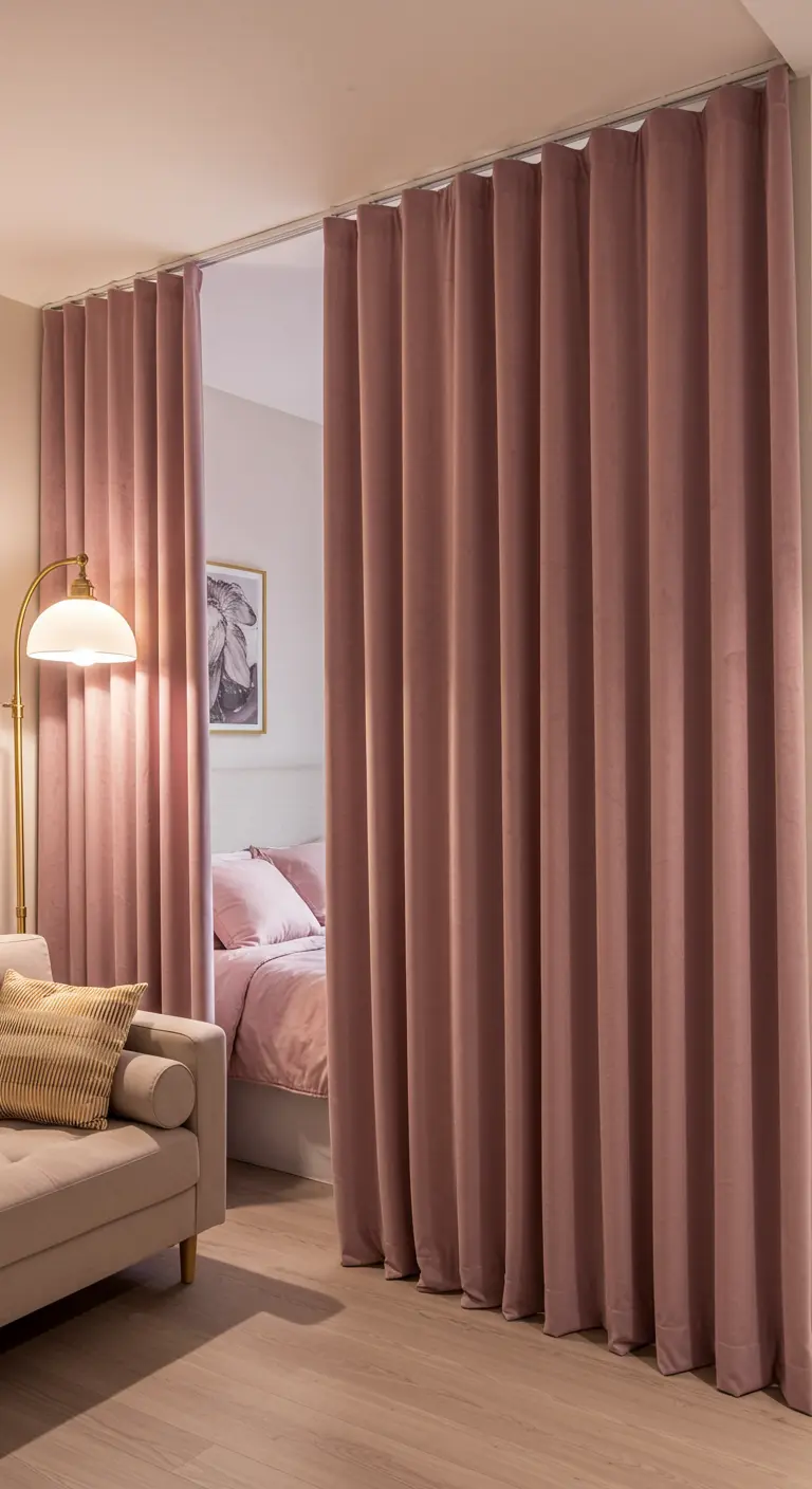 A heavy pink velvet curtain on a ceiling track divides a room.