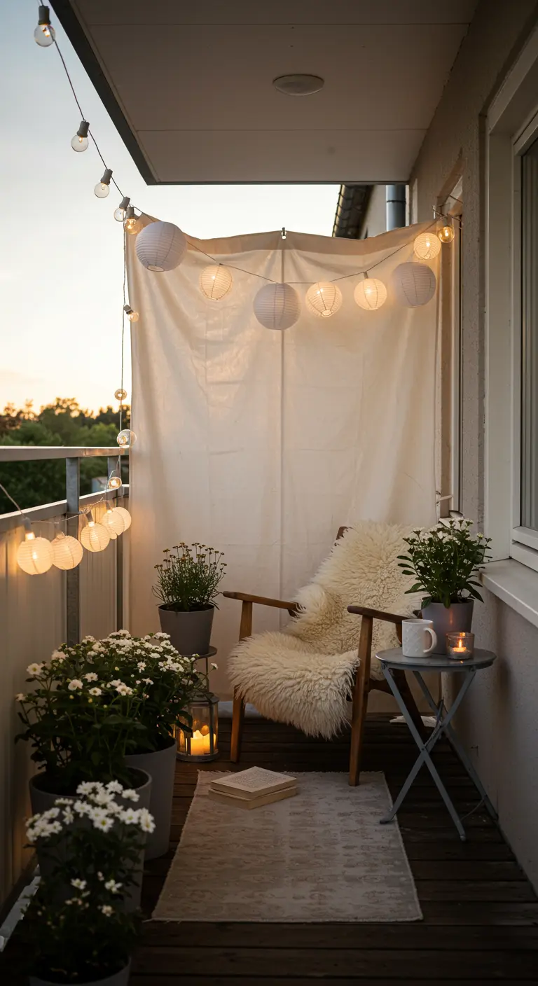 A minimalist balcony with a white fabric screen, paper lanterns, and a sheepskin throw.